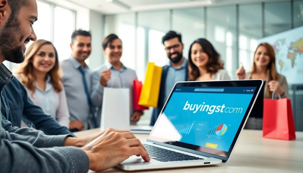 Users engaging with https://buyingst.com on laptops in a bright, modern office setting.