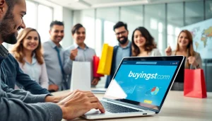 Users engaging with https://buyingst.com on laptops in a bright, modern office setting.