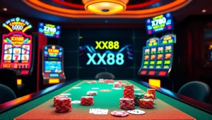 Experience excitement and strategy at XX88 with vibrant casino visuals showcasing poker chips and slot machines.