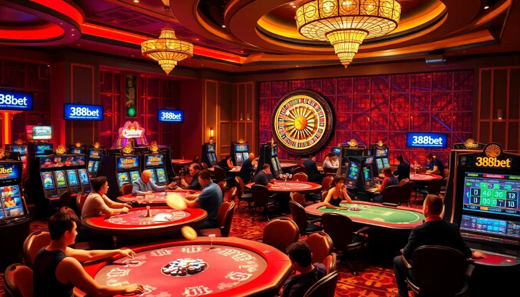 Players enjoying games at a vibrant casino showcasing 388bet's engaging gambling experience.