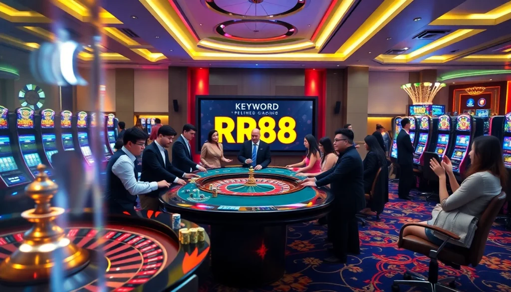 RR88 casino scene showcasing a lively gaming table with excited players and vibrant slot machines.