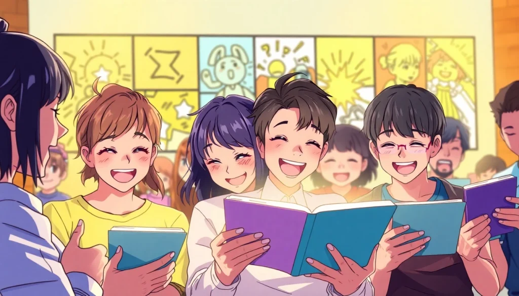 무료웹툰의 즐거움을 표현하는 여러 캐릭터들이 함께 읽는 장면.