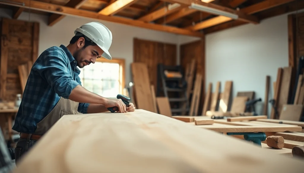 Engaged in a Carpentry Apprenticeship Near Me, a carpenter builds a wooden structure in a bright workshop.