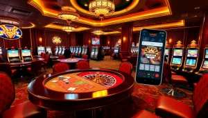 An engaging scene showcasing the kjc mm88 app in a luxurious casino setting with poker tables and roulette wheels.