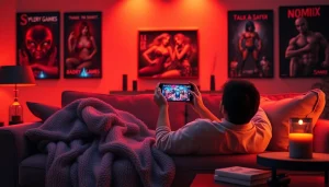 Engaging living room scene featuring a player enjoying a mobile porn game on a smartphone.