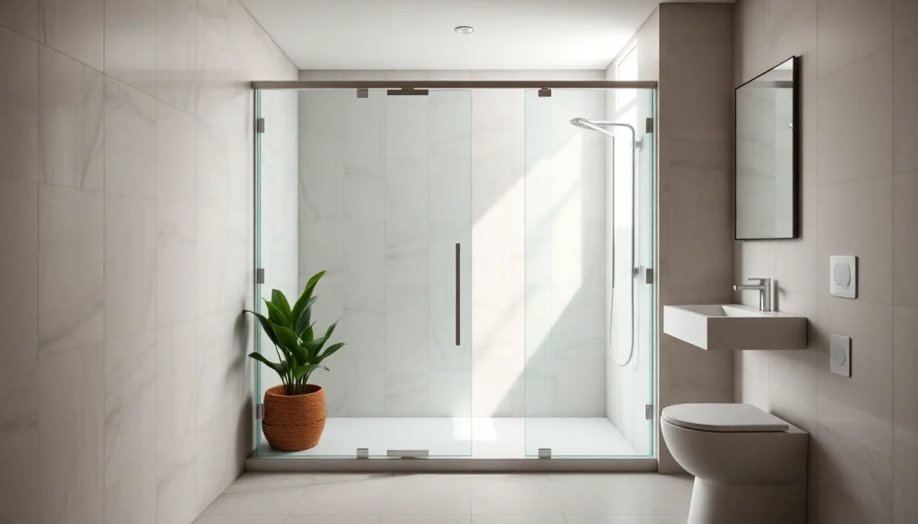 Showcase of sunney shower doors in a modern bathroom design featuring natural lighting and elegant finishes.