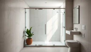 Showcase of sunney shower doors in a modern bathroom design featuring natural lighting and elegant finishes.