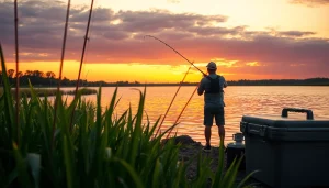 Casting a line for fly fishing for bass at a tranquil lakeside during sunset.