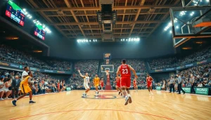 Capture of a thrilling basketball game showcasing ผลบาสสด with dynamic players and vibrant court.