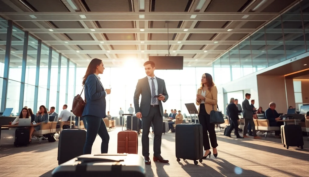 Business travel scene depicting 출장 in a modern airport lounge with professionals in discussion.