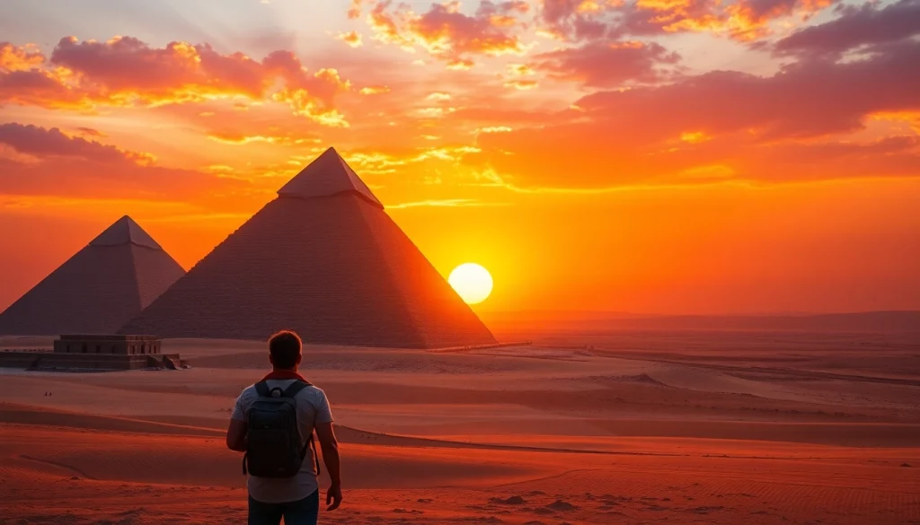 A traveler marvels at the towering piraminds against a stunning sunset backdrop.