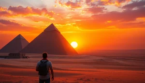 A traveler marvels at the towering piraminds against a stunning sunset backdrop.