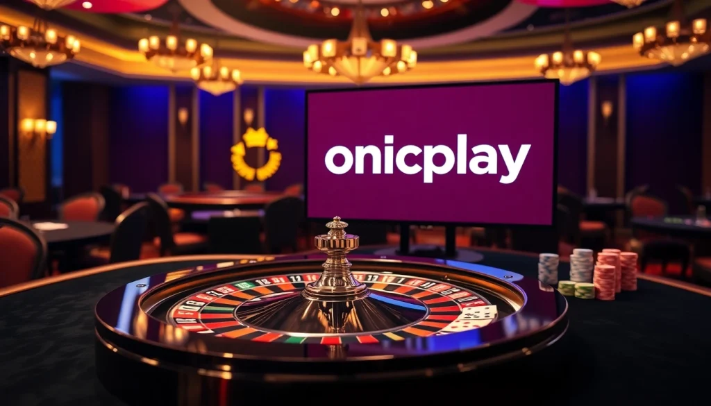 Engage with Onicplay's exciting online casino experience featuring roulette and vibrant poker chips.