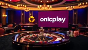 Engage with Onicplay's exciting online casino experience featuring roulette and vibrant poker chips.