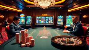 Players enjoying high-stakes blackjack at RR88's luxurious casino table.