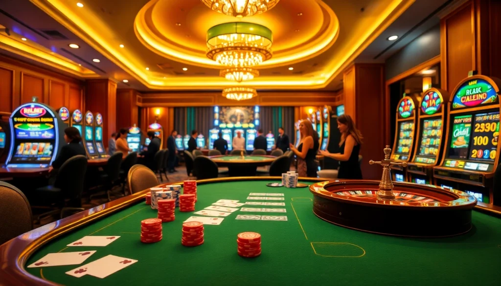 RR88 casino excitement featuring a bustling poker table, lively roulette wheel, and vibrant slot machines.
