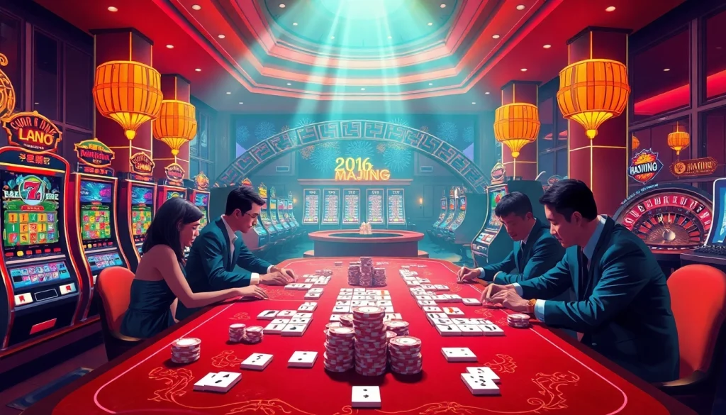 Experience link mahjong within a dynamic casino setting featuring elegant tables and gaming excitement.