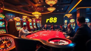 Excited players at a high-stakes poker table in a luxurious casino setting, featuring nhà cái rr88.