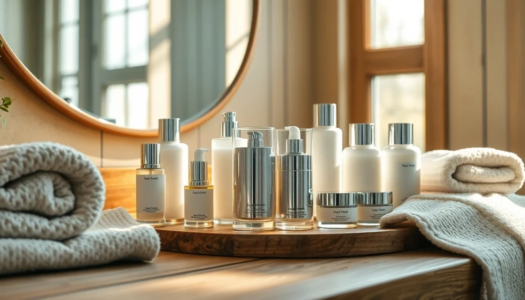 Kosmetika odos priežiūros produktai estetiškai išdėstyti ant medinės lento, puikų apšvietimą sukuriantys.