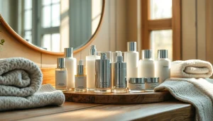 Kosmetika odos priežiūros produktai estetiškai išdėstyti ant medinės lento, puikų apšvietimą sukuriantys.
