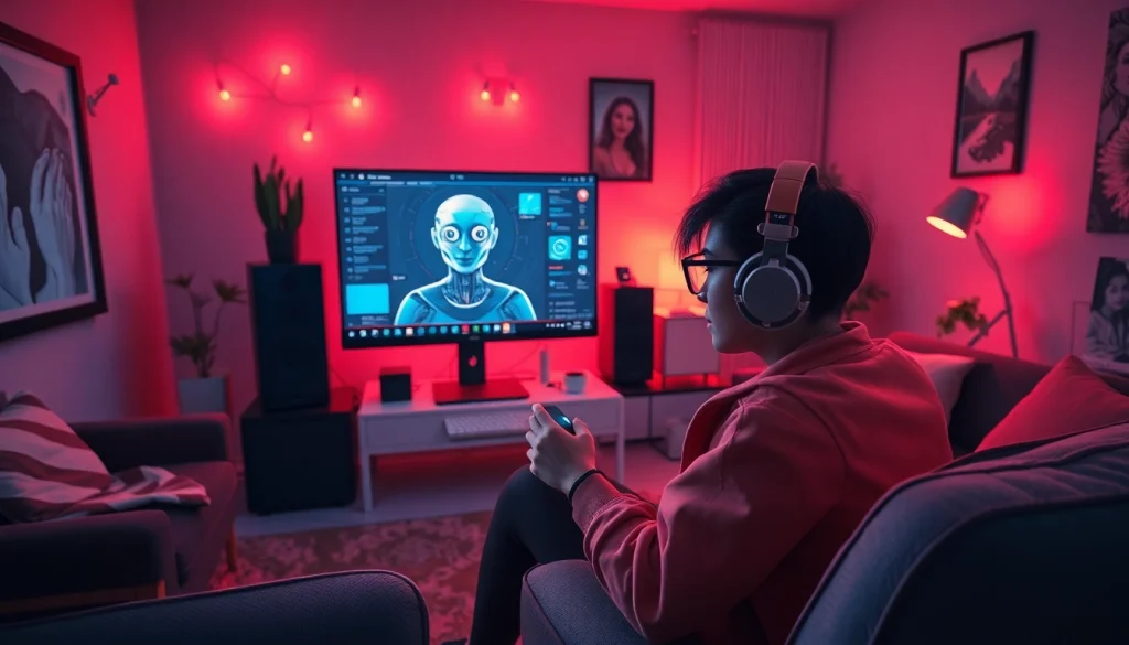 Engaging with a free NSFW character AI in a cozy, modern room.