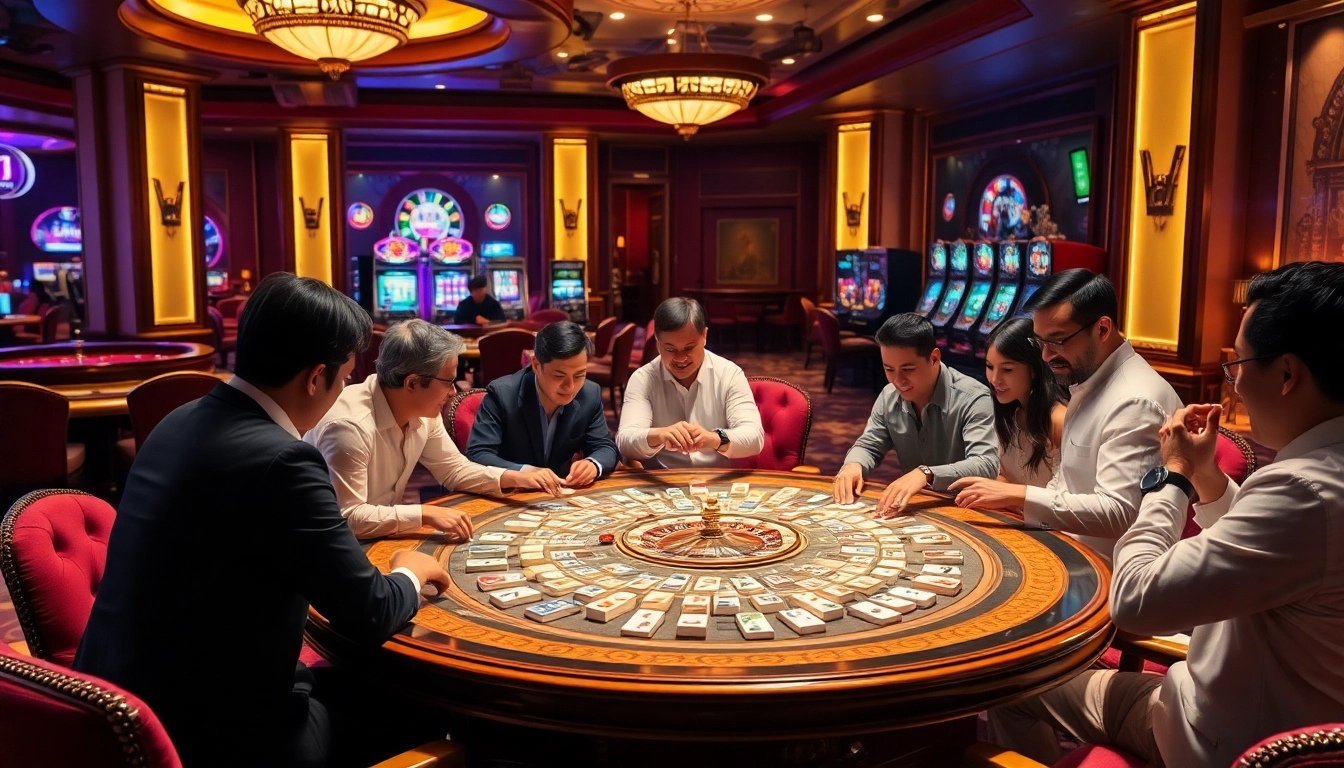 Players engaging in link mahjong strategies at an elegant casino table, showcasing excitement and skill.