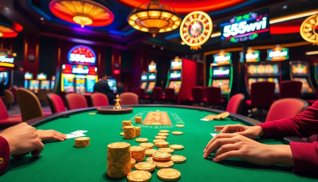 Experience the thrill of betting at 555win with vibrant poker tables and casino excitement.