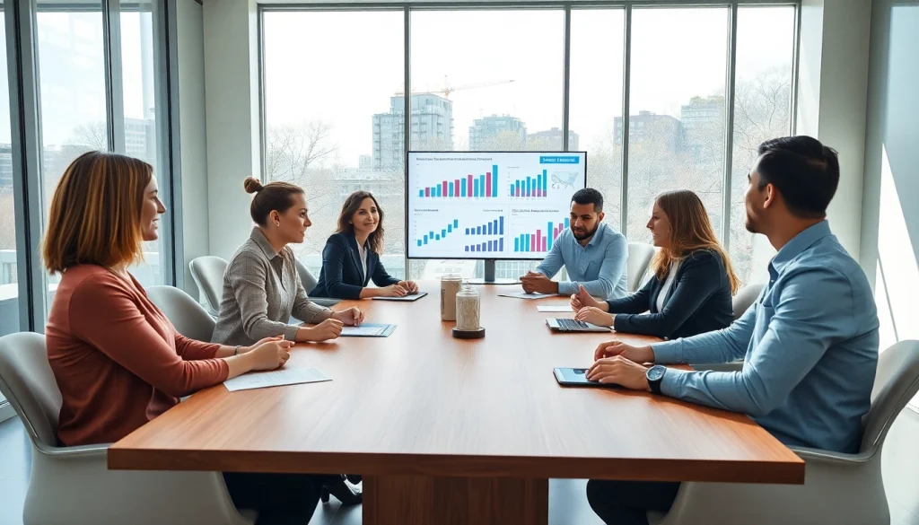 Team brainstorming business growth insights in a modern office environment.