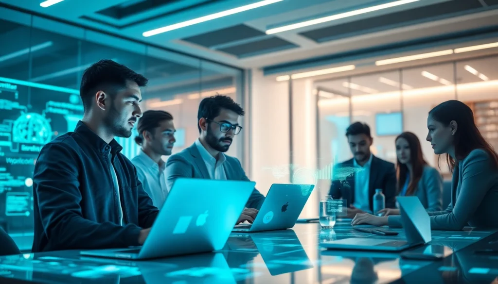 Cybersecurity AI experts analyzing real-time data in a modern office, showcasing advanced technology and innovation.