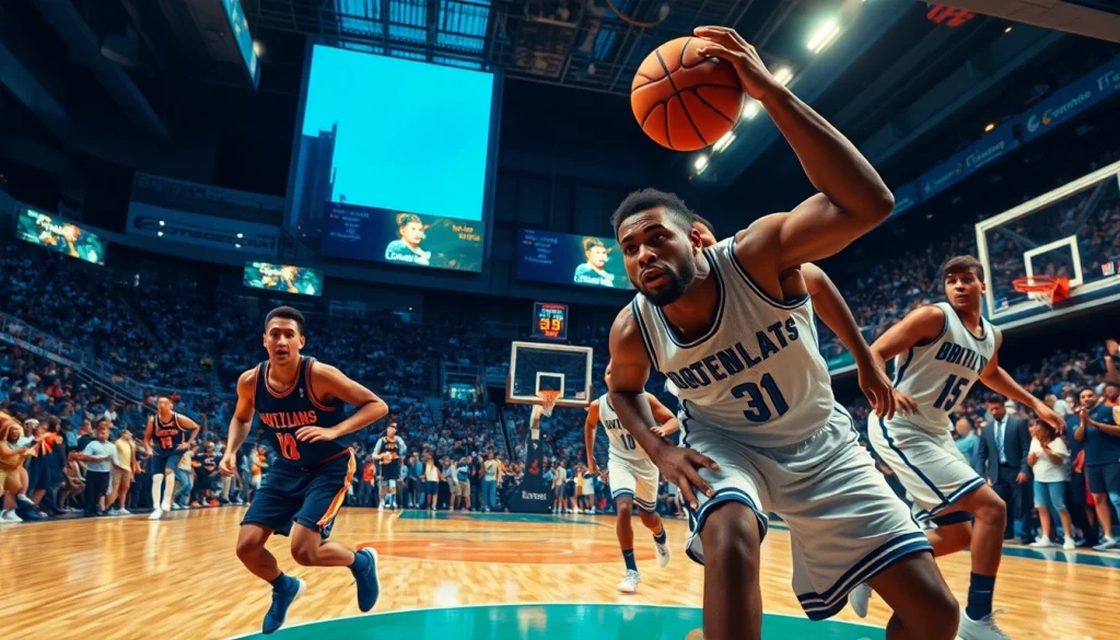 ติดตามผลบาสสดที่สนามกับนักกีฬาในจังหวะการเล่น