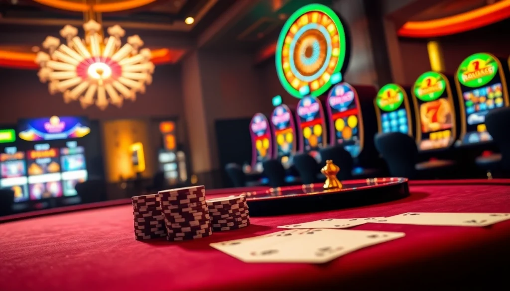 Experience thrilling gaming moments with onicplay at a luxurious casino featuring poker tables and vibrant slot machines.
