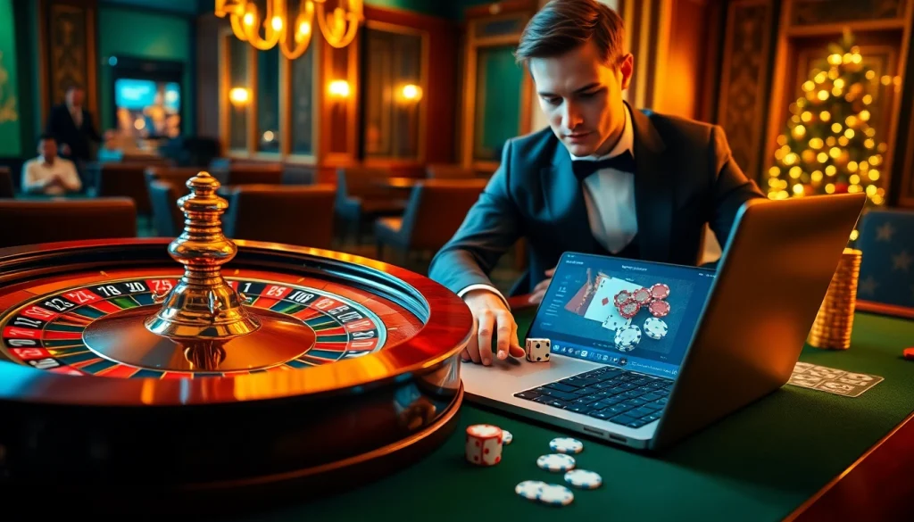 Des joueurs engagés au casino en ligne France profitent d'un jeu de roulette palpitant avec des jetons de poker et des cartes.