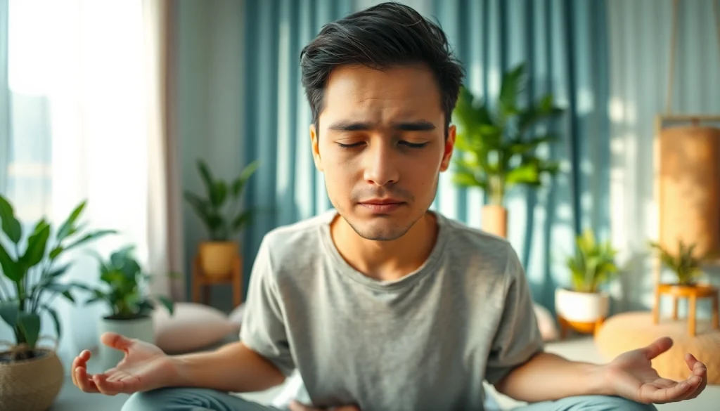 Anxiety symptoms depicted through a meditating person in a soothing therapy room, expressing emotions.