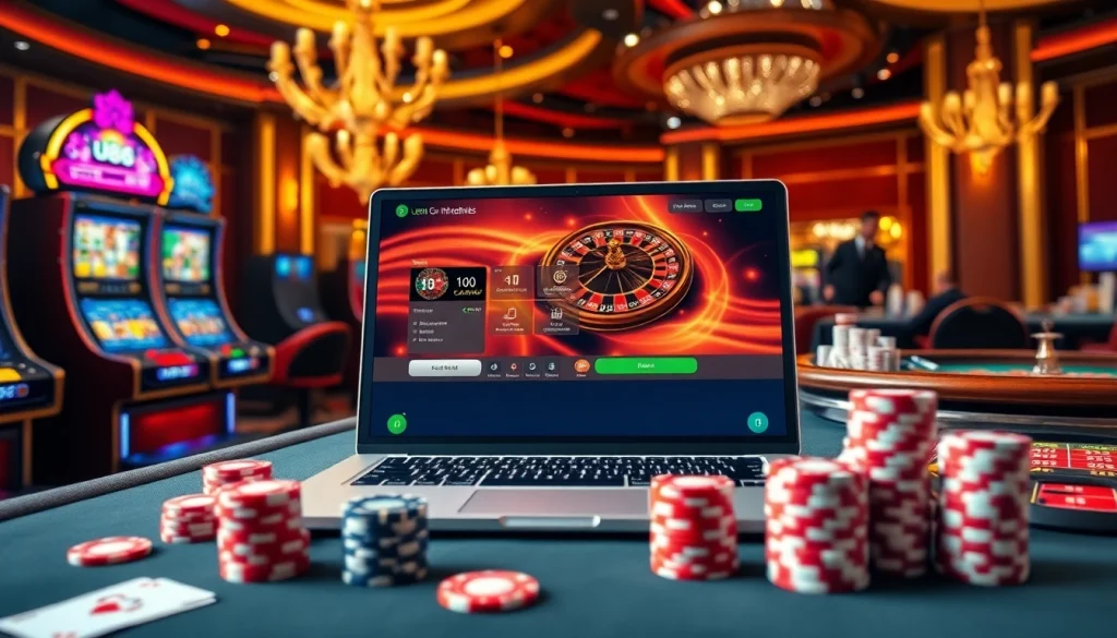 Experience the thrilling atmosphere of online gambling at http://u888.br.com/, featuring vibrant casino tables and slot machines.