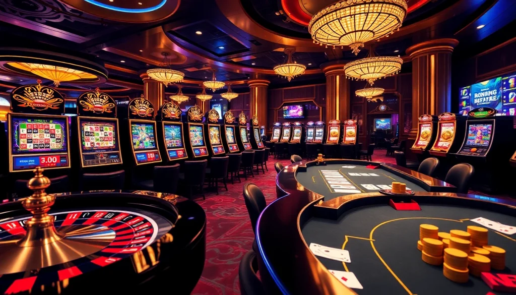 Scène passionnante de casino en ligne France avec roulette, machines à sous et ambiance de jeu professionnelle.