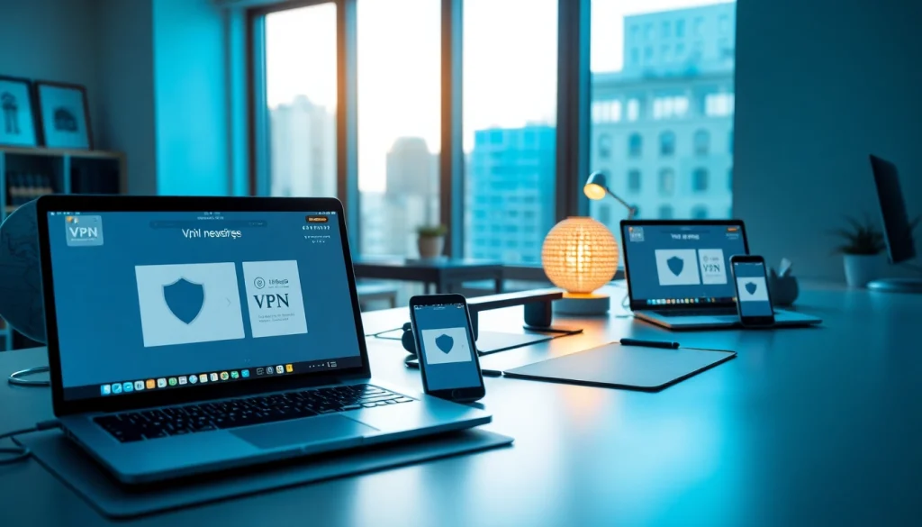 在时尚工作区的现代设备上显示的快连 VPN 界面。