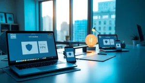 在时尚工作区的现代设备上显示的快连 VPN 界面。