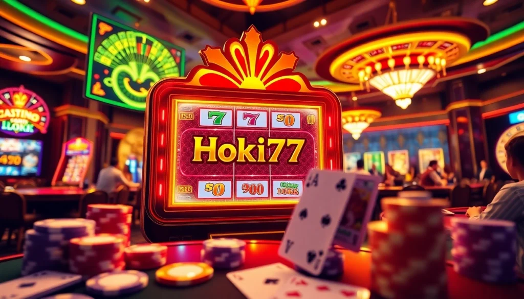 Playing exciting slot games on Hoki77 link with vibrant casino atmosphere and poker chips.
