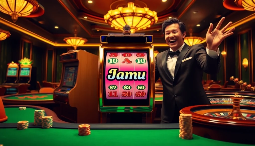 Experience the excitement of Jamu Slot gaming with a vibrant casino scene showcasing a thrilling slot machine.