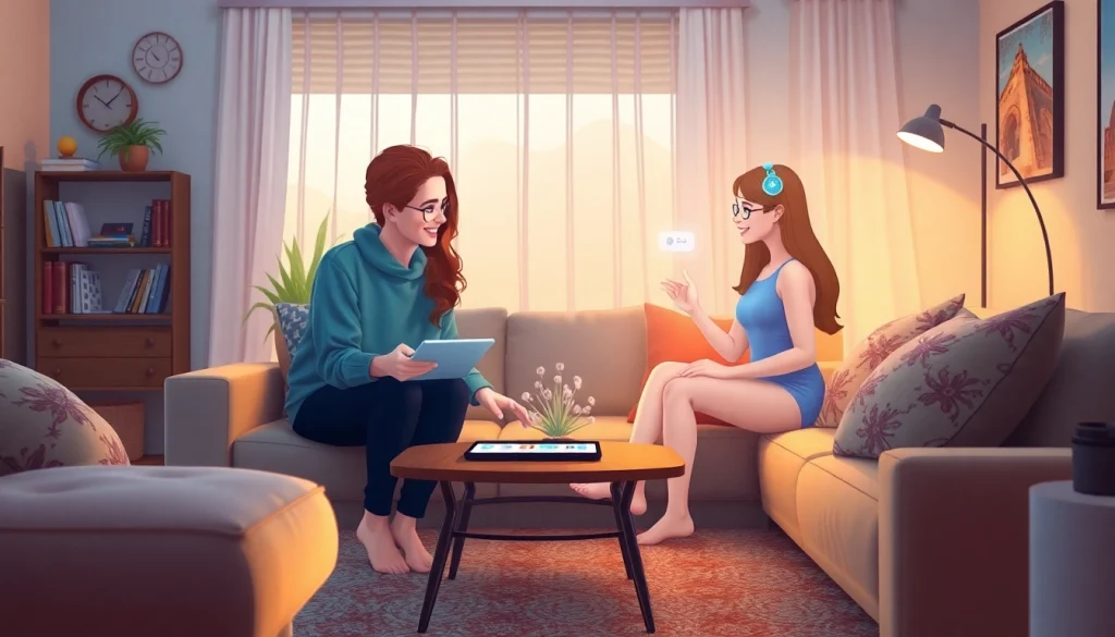 Engaging scene of a user chatting with their AI girlfriend in a cozy living room.
