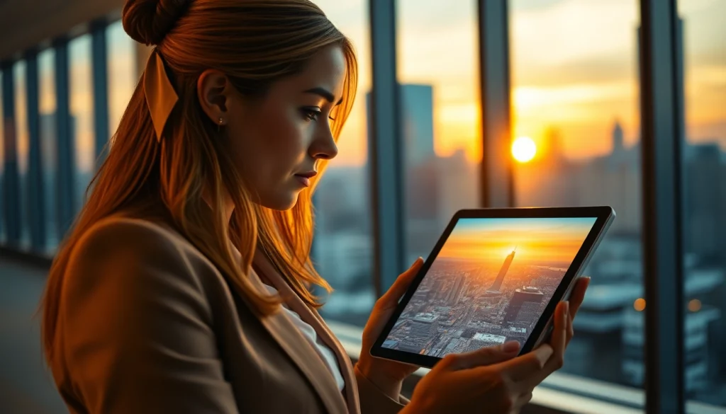 Woman using image to prompt ai to analyze AI-generated artwork in a modern office.