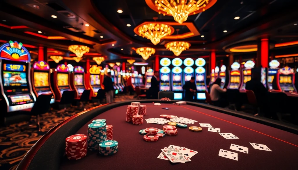 Des joueurs expérimentés s'immergent dans un casino en ligne France vibrant, avec des jetons de poker et des machines à sous illuminées.