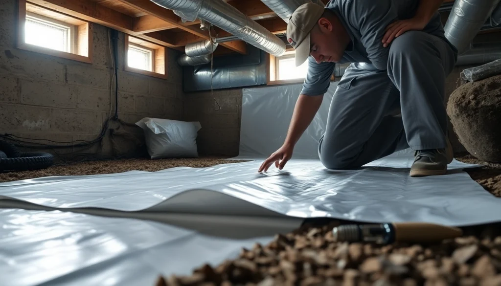 Contractor executing vapor barrier installation, ensuring moisture protection in a crawl space.