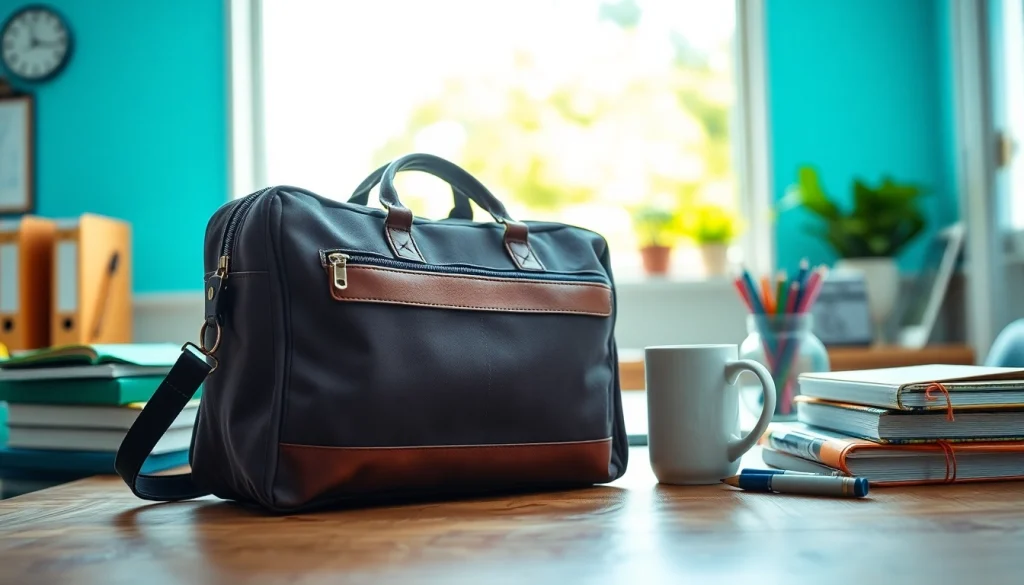 Die hochwertige Handytasche Schule auf einem Schreibtisch, umgeben von Schulsachen.