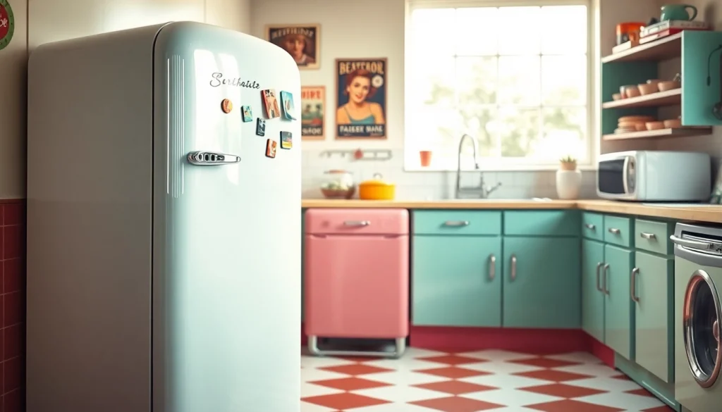 Stylish retro appliance showcasing a pastel refrigerator in a vintage kitchen setting.