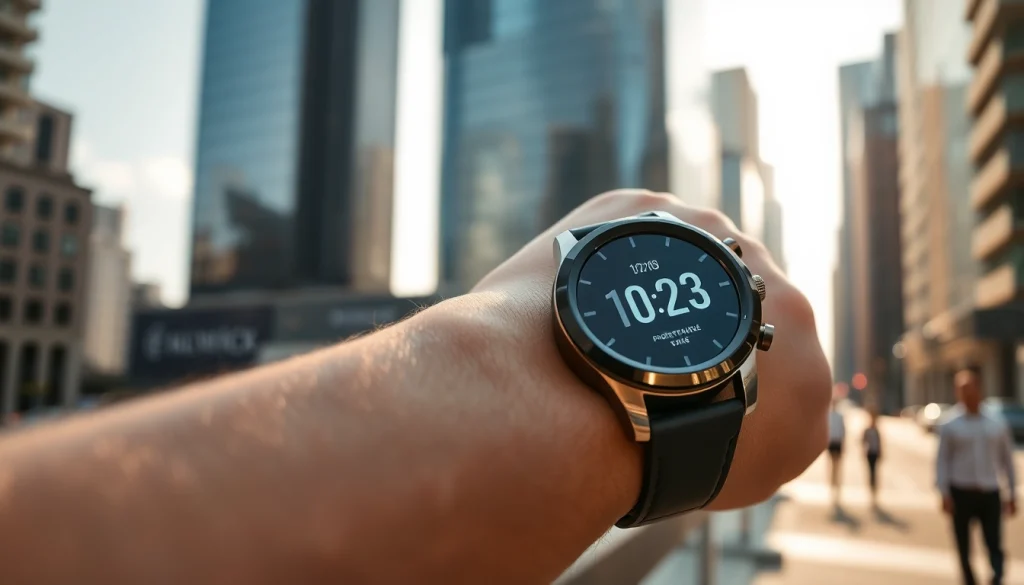 Showcasing a Pulse Smart Watch displaying its high-tech features against an urban backdrop.