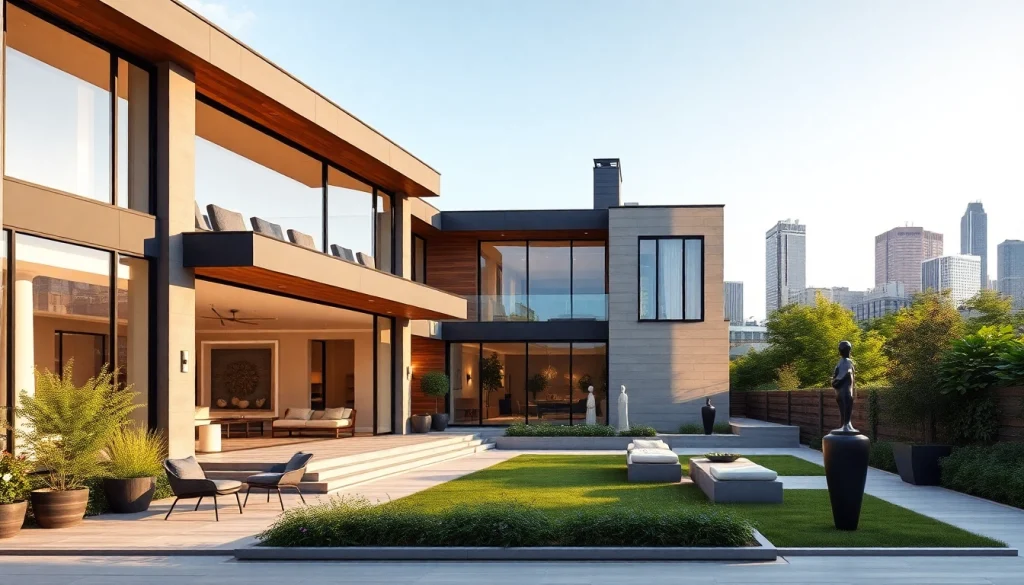 Luxury home architect Boston showcasing an elegant facade amidst a manicured garden and skyline.