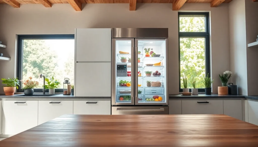 Refrigerator sales highlighted in a modern kitchen with fresh produce.