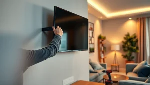 Engaging scene of tv mounting installation in a modern living room with a professional technician.