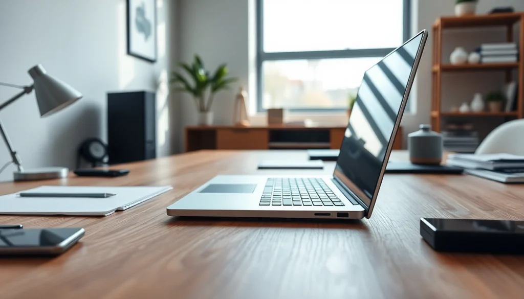 laptopy na eleganckim biurku z nowoczesnymi akcesoriami